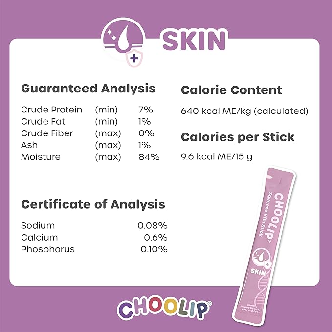 Choolip Squeeze Vita Stick Lickable Cat and Dog Treats, 7-Count Skin and Coat Support, Salmon and Pollack with Biotin and Vitamin E, Vet-Formulated