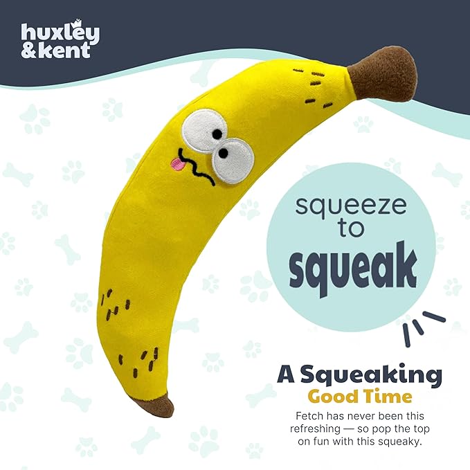 Huxley & Kent Funny Dog Toy w/Squeaker – Power Plush Squeaky Dog Toys for Small, Medium & Large Dogs – Soft Stuffed Animal for Indoor Play & Fetch - Fetchies® Bruiser Banana, Small