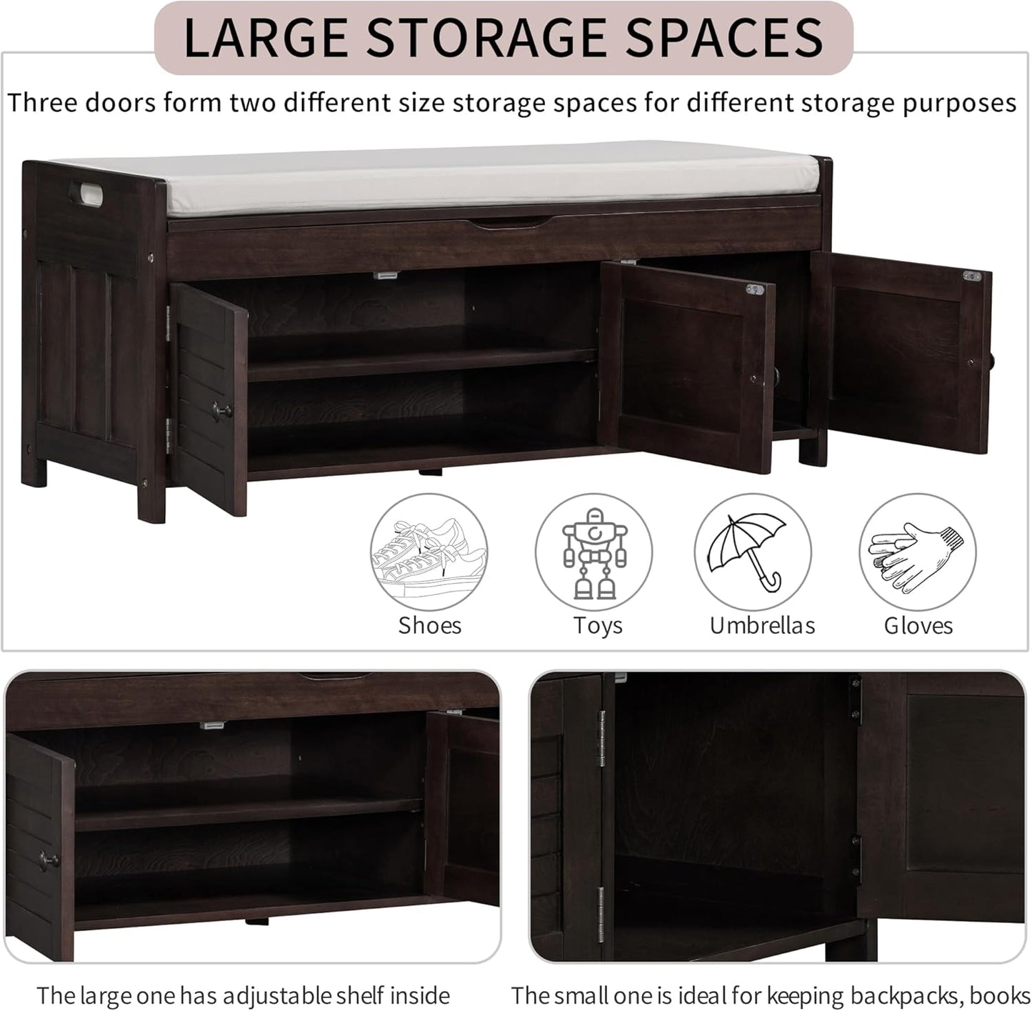Shoe Storage Bench with 3 Shutter-Shaped Doors, Pine Wood Shoe Bench with Removable Cushion and Hidden Storage Space for Living Room, Entryway 43.5" L x 16" W x 18" H Espresso