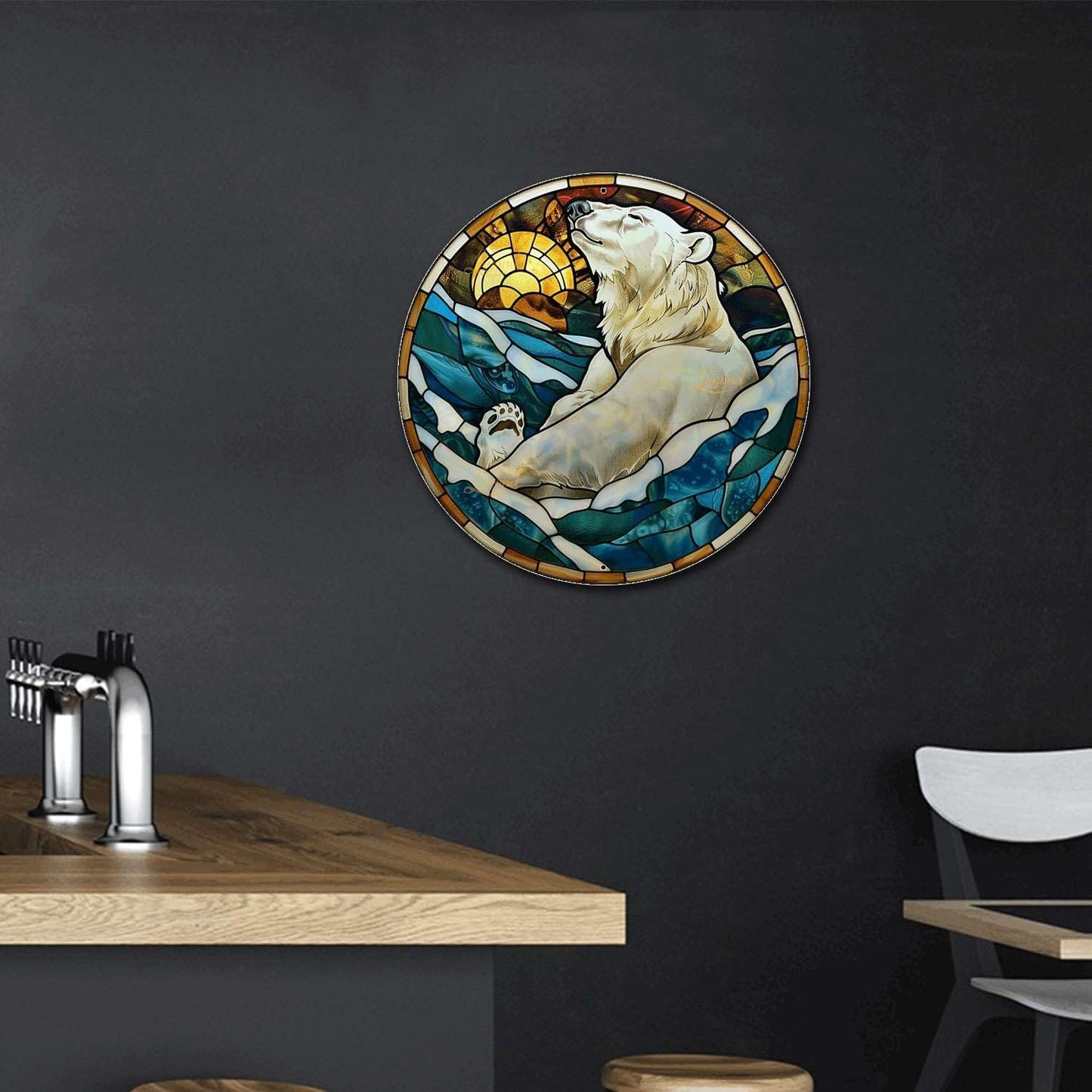 Lygond Metal Polar Bear Toilet Decor - Circular Stained Glass Tin Sign, 1212 Inches