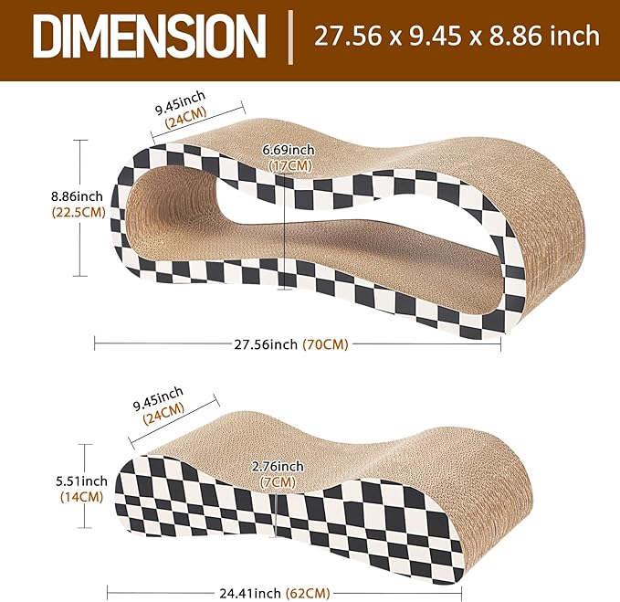 2 in 1 Cat Scratcher for Indoor Cats, Large Cardboard Cat Scratcher Lounger, 100% Recyclable&Reversible Horizontal Scratching Pads Prevents Furniture Damage,Checkerboard