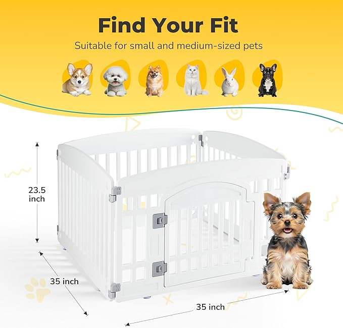 24" Plastic Dog Playpen 4-Panel Durable Pet Playpen for Puppies & Small/Medium Dogs, Portable & Foldable Pet Fence with Secure Locking Door, White