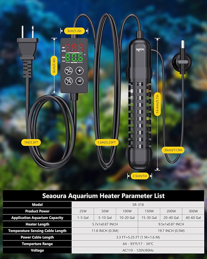 SEAOURA Small Aquarium Heater, 100W Fish Tank Heater for 10-20 Gallon, Submersible Turtle Heater with Digital Display Adjustable Safety Protection, Auto Power-Off When Leaving Water