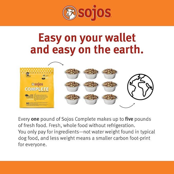Sojos Complete Freeze Dried Raw Adult Dry Dog Food, Grain Free, Natural, Beef Recipe, 7 lb Bag