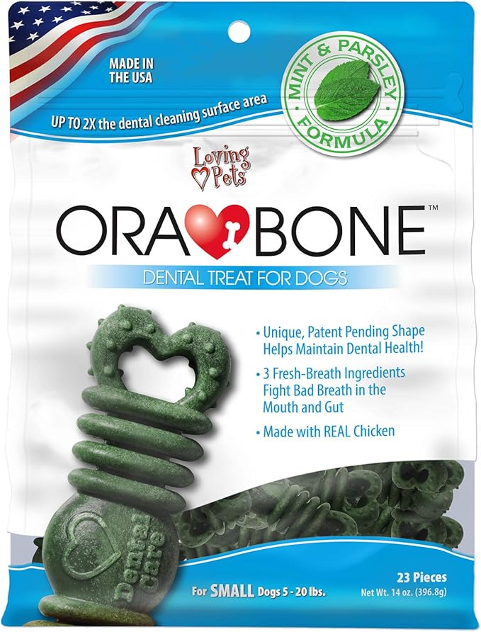 Loving Pets Ora-Bone™ Dental Chews for Dogs – USA Made Dog Dental Sticks with Parsley & Mint – Patented Shape to Reduce Plaque, Tartar, Massage Gums & Freshen Breath (Small Dogs 14 oz.)