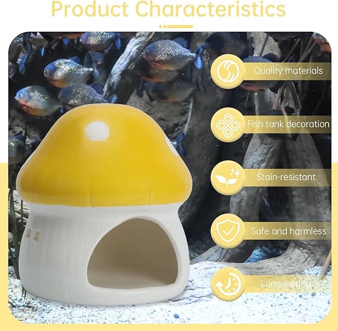 AnRui Ceramic Mushroom Aquarium Decor Cute Mini House Betta Fish Tank Accessories Decoration Hideaway Hideout Cave Ornament for Small Fish, Shrimp, Goldfish and Reptiles (Yellow, Large)