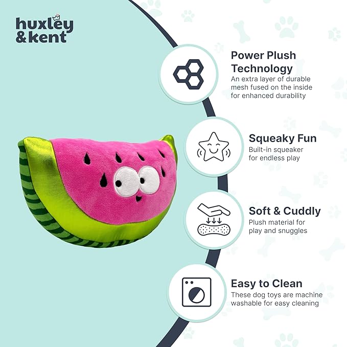 Huxley & Kent Funny Dog Toy w/Squeaker – Power Plush Squeaky Dog Toys for Small, Medium & Large Dogs – Soft Stuffed Animal for Indoor Play & Fetch - Fetchies® Walter Melon, Small