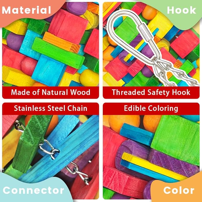 Large Parrot Chew Toy, 20 in 1.65 lb Natural Wood Blocks with Stainless Steel Chain, Bird Foraging Cage Toy for Macaws, Cockatoos, African Greys