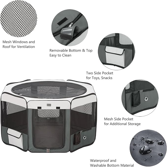 DONORO Dog Playpen Portable Pet Play Pens for Small Dog/Cat/Rabbit/Chicks, Cat Playpen Indoor/Outdoor with Carring Case, Removable Zipper Top and Bottom (Gray, Extra Large (55"x55"x30"), 8)