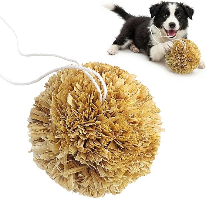 Natural Dog Chew Toy, 1pcs Woven Grass Chew Ball for Dogs, Dental Teething Toy & Interactive Fetch Toys, Outdoor Rattan Digestible Chew Ball for Boredom Relief - Cornsilk