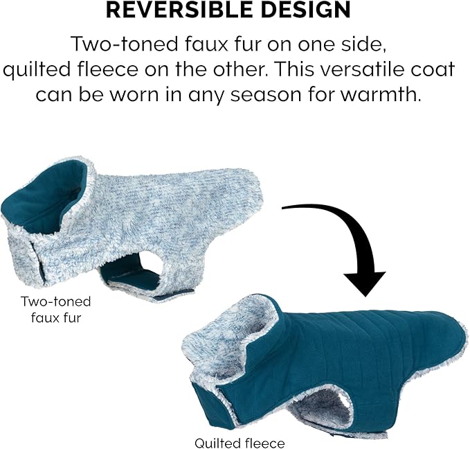 Furhaven Reversible Medium Dog Coat, Washable & Insulating w/ Leash Access - Two-Tone Faux Fur & Quilted Fleece Flex-Fit Jacket - Marine Blue, Medium