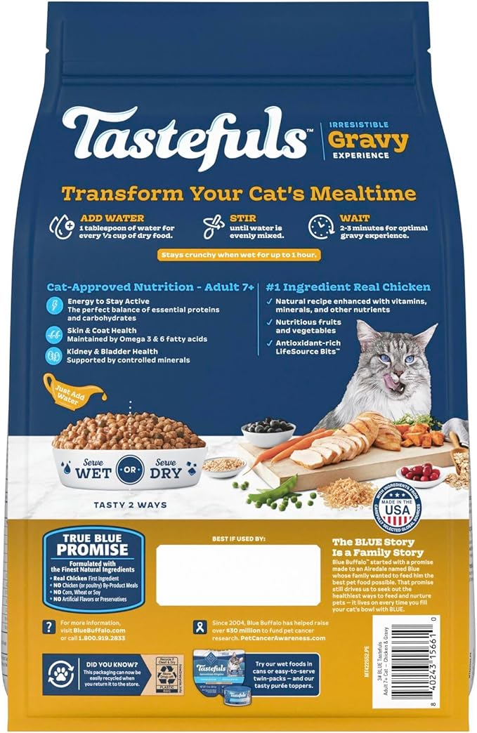 Blue Buffalo Tastefuls Irresistible Gravy Experience Adult Cat 7+ Dry Food, Chicken & Brown Rice Recipe, 3-lb. Bag