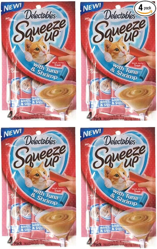 Delectables Squeeze Up Hartz Cat Treats Bundle of 4 Flavor Pouches, 2.0 oz Each (Tuna & Shrimp)