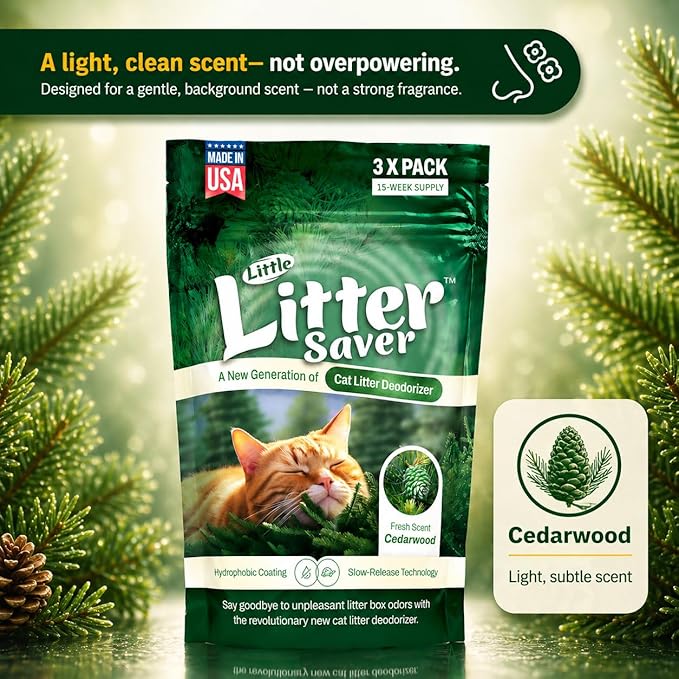 Little Litter Saver | a New Generation Of Cat Litter Box Deodorizer | Unique Formula for Slow Release | Natural Fresh Scent | Up to 15 Weeks Supply | 3 x 0.5oz bags (Cedar)