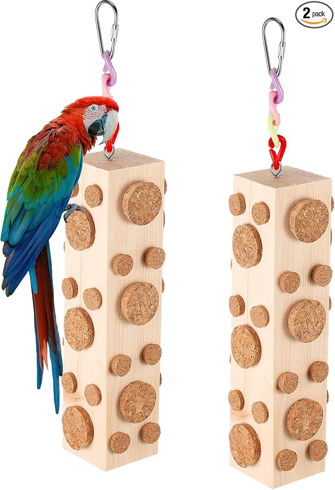 Skyygemm 2 Pcs Bird Parrot Chew Toys Wooden Foraging Hanging for Birds Parrots Cork Stopper Toys Cage Woodpecker Feeding Toy for Macaws, Small Parakeets Conure Budgies Finches Cockatiel