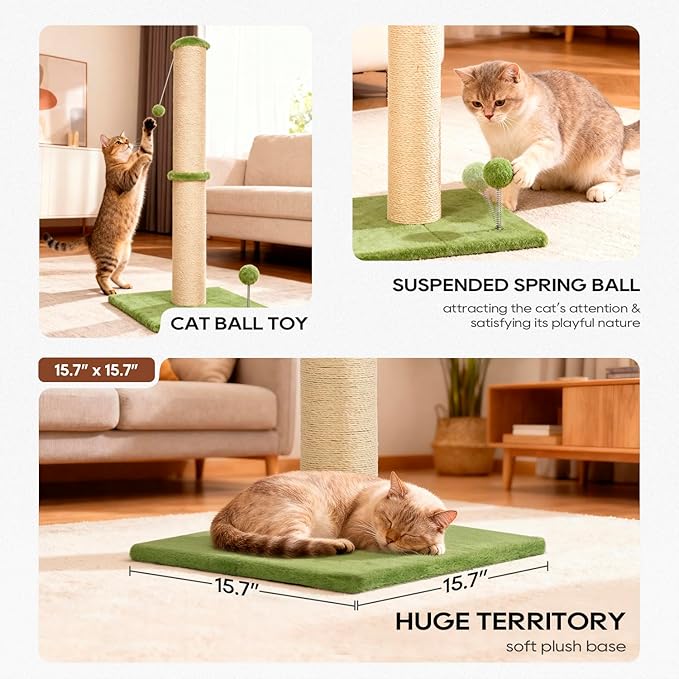 FDW 33 Inch Cat Scratching Post Cat Scratcher Natural Sisal Rope Scratch Post Trees with Hanging Ball for Indoor Cats and Adults,Green