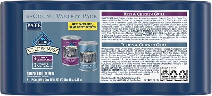 Blue Buffalo Wilderness Beef and Chicken Grill and Turkey and Chicken Grill High-Protein Wet Dog Food for Adult Dogs, 12.5 oz. Cans, 6 Count Variety Pack