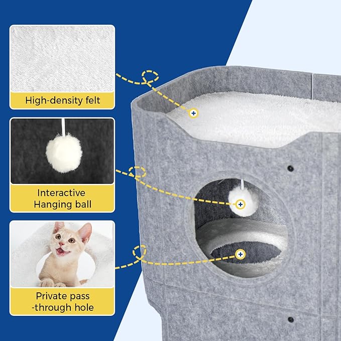 ABCPET Cat House for Indoor Cats, Cat Condo Cat Bed Cave, Felt Cats Hideaway Condo with Resistant Scratching Freedom Kitten Cube & Hanging Ball, Gray