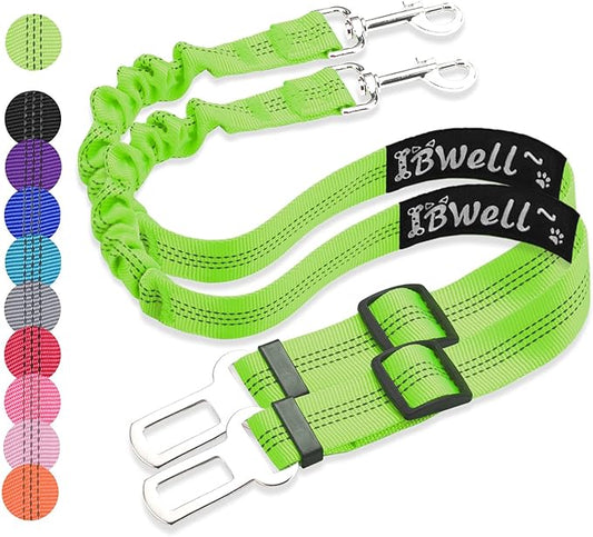 IBWell Dog Seat Belt with Elastic Bungee Leash, Car Seat Belt for Dogs (Green, 2PCS-27.6")