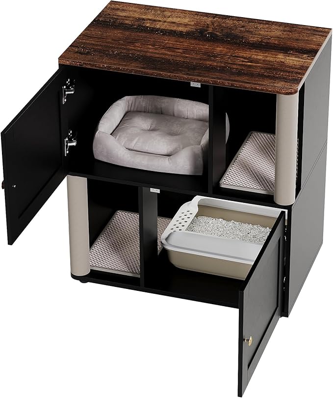 Double Cat Litter Box Enclosure for 2 Cats – 2-Layer Hidden Litter Box Furniture with Scratching Posts & Litter Mats, Space-Saving Modern Wooden Cat Washroom, End Table for Living Room, Black Door