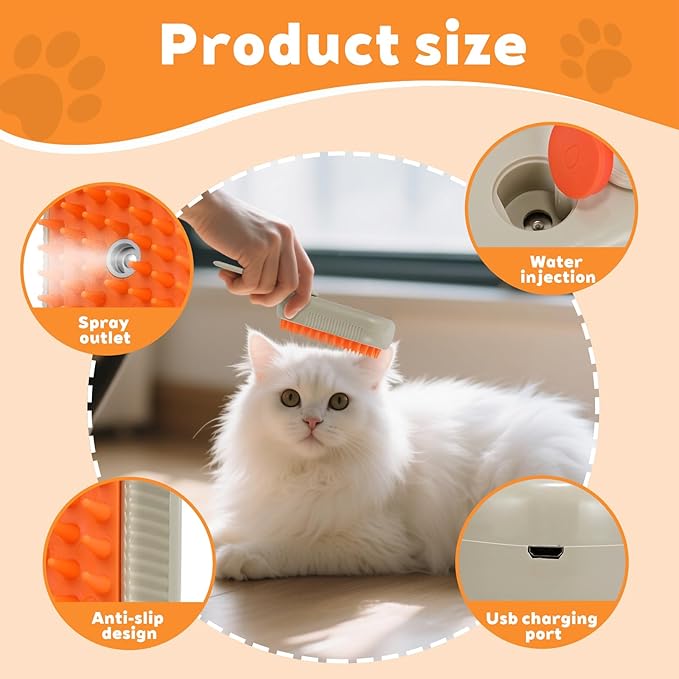 2025- New cat steam brush, 4-in-1 cat steam brush, for massaging and cleaning fallen pet hair, suitable for cats, dogs, rabbits and other pets (khaki + white) -2 pieces (white)
