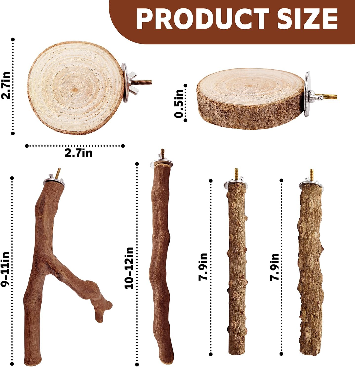 7-Piece Bird Perch Set: 3 Grapevine Paw Grinding Forks, 2 Wood Stands & 2 Hammocks - Cage Accessories for Parakeets, Cockatiels, Conures, Budgies