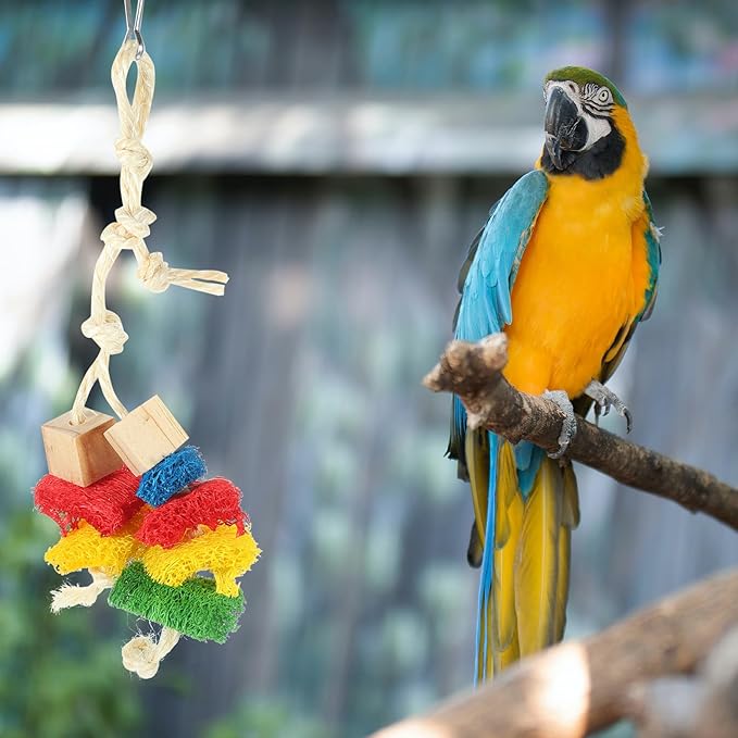 Natural Parrot Chewing with Blocks and Loofah Rope Hanging Bird Cage Accessory for Parrots and Birds Fun Bite to Reduce Boredom and Keep Pets Engaged