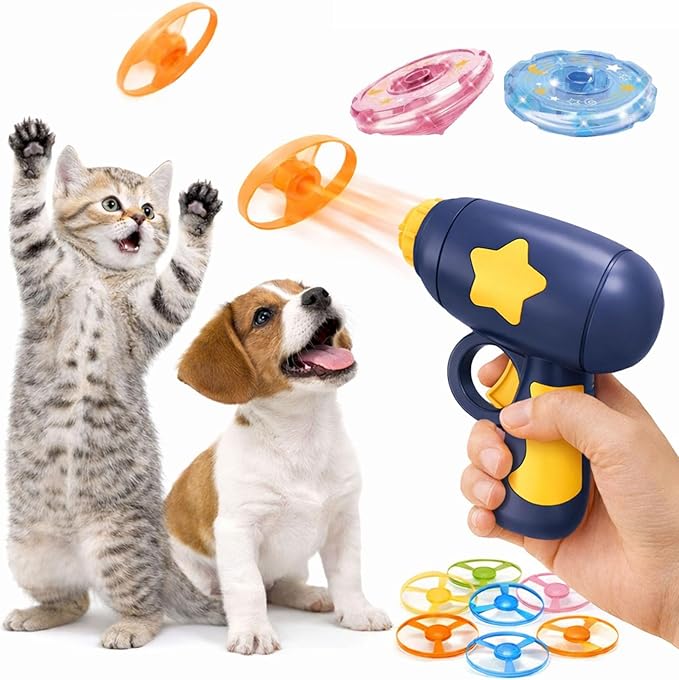 Bamboo Dragonfly Catapult Launcher, Flying Disk Launcher Toy,7 Piece Cat Fetch Toys,Interactive Flying Cat Toy for Pet Exercise & Night Play,with LED Glow (Dark Blue)
