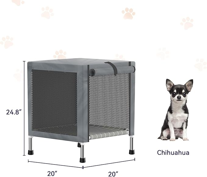 Small Stainless Steel Elevated Dog Crate with Cover, 2-in-1 Indoor & Outdoor Raised Pet House, Rust-Proof Dog Kennel with Silicone Anti-Slip Feet, Tool-Free Assembly