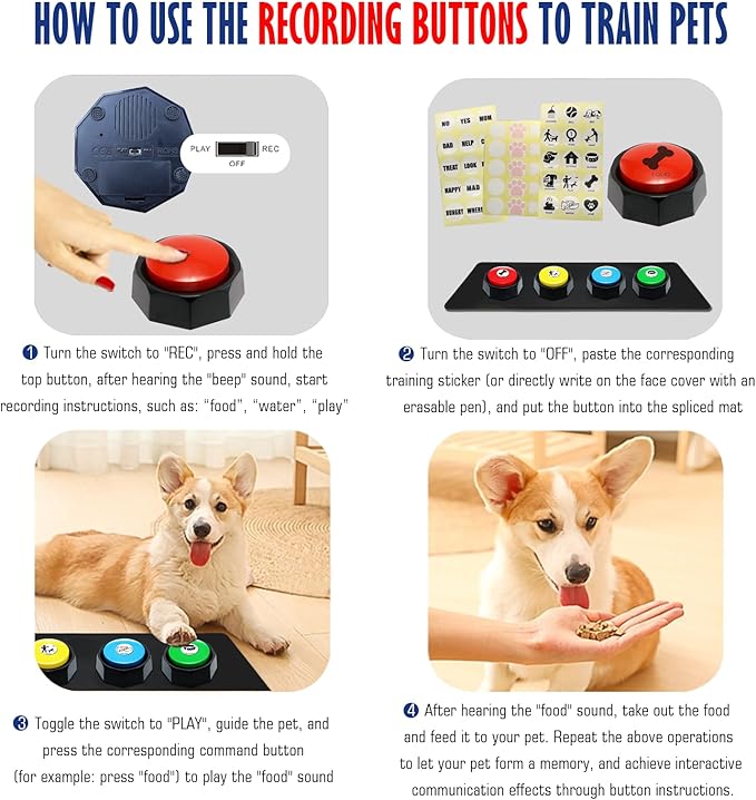 Recordable Buttons, Dog Buttons for Communication, Pack of 4 Colored Buzzers with Mat & 30 Scene Stickers 15 Custom Stickers. Non-Slip Stickers Inside