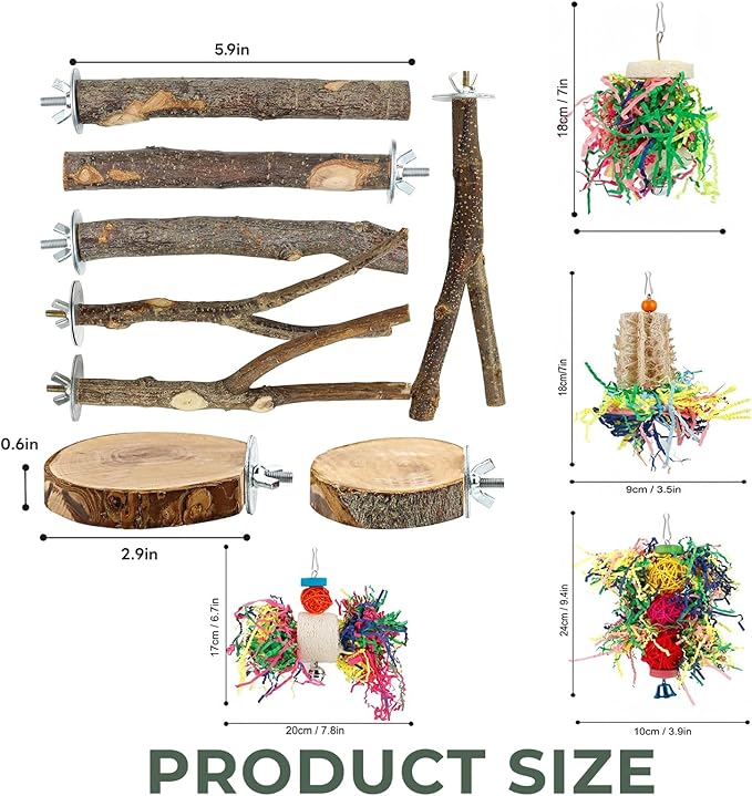 12 Pcs Natural Bird Perches and Shreddable Parakeet Toys, Essential Parrot Cage Accessories with 8 Wood Standsand 4 Shreddable Parakeet Toys, Foraging Shredder and Bird Accessories for Cages
