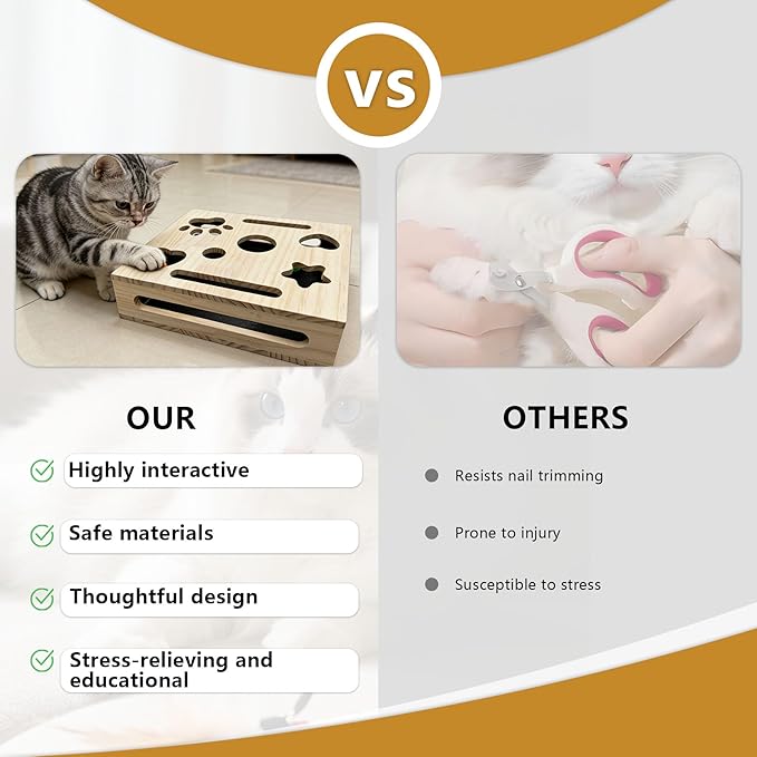 Cat Nail File Box for Indoor Cats – No Assembly Needed, 2026 Upgrade Wooden Scratch Puzzle Enrichment Box with Bell Ball & Sandpaper, Stress-Free Nail Trimming Alternative to Clippers