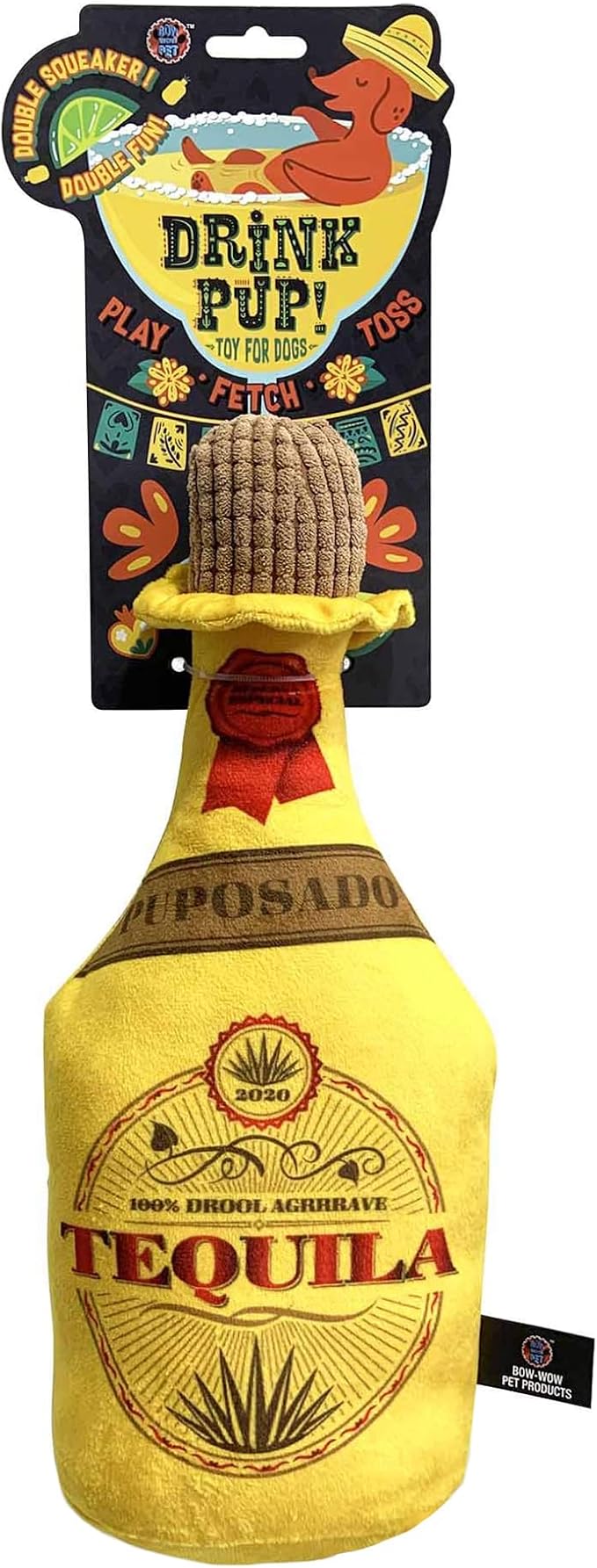 Bow Wow - Tequila Bottle Squeaky Plush Dog & Cat Toy | Funny Novelty Pet Toy with Crinkle Sound | Soft Chew Teeth Teasing Toy | Small to Medium Dogs & Cats | Interactive Indoor Plush Toy