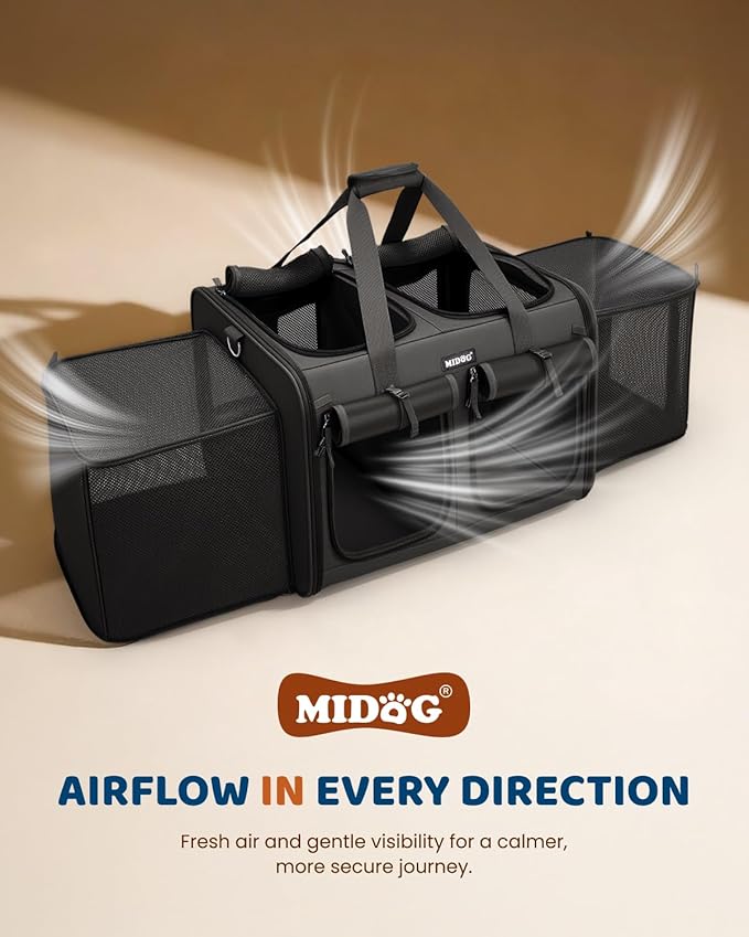 MIDOG 2 Cat Carrier with Litter Box, Expandable Dual Compartment Cat Carrier for 2 Cats, Large Soft Sided Double Pet Carrier for Car Travel, Moving