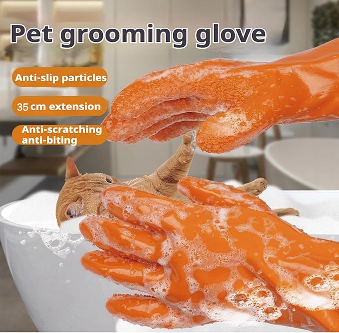 YOFANG 14" Long Pet Grooming Gloves for Washing & Hair Removal,Waterproof Rubber Cat Bite-Proof Brush Gloves,Dog Bath Glove with Soft 3500+ Particles Massage,Orange