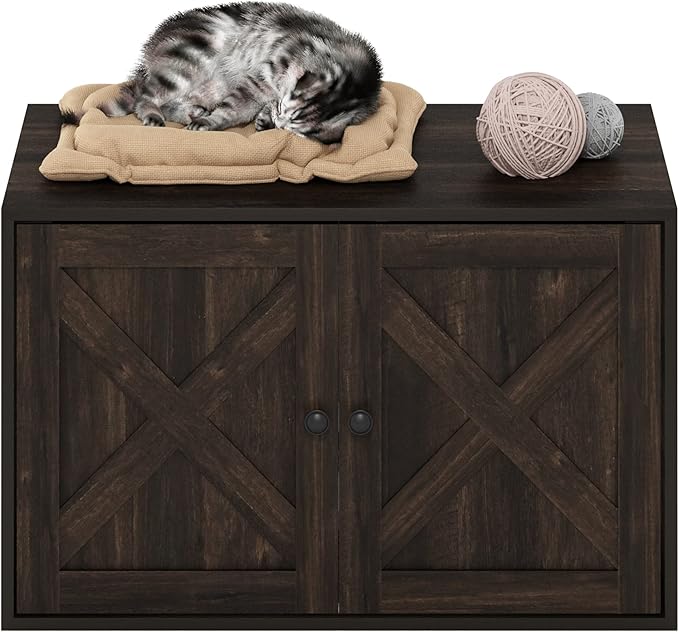 Furinno PELI Cat Litter Box Enclosure, Farmhouse Hidden Litter Box Furniture with Side Entrance, Wooden Pet House with Slatted Door, Easy Assembly, for Living Room, Ebony