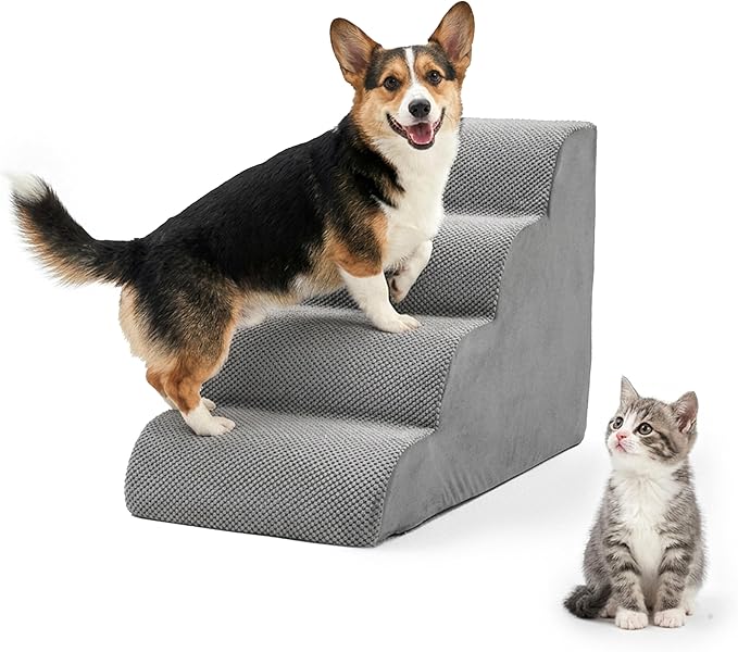 HealSmart Dog Stairs for Small Dogs, 4-Step Curved Design Pet Steps for Puppies & Senior Cats, High-Density Foam Indoor Non-Slip Ladder, Perfect for Sofa Couch and Chair Furniture Access, Gray