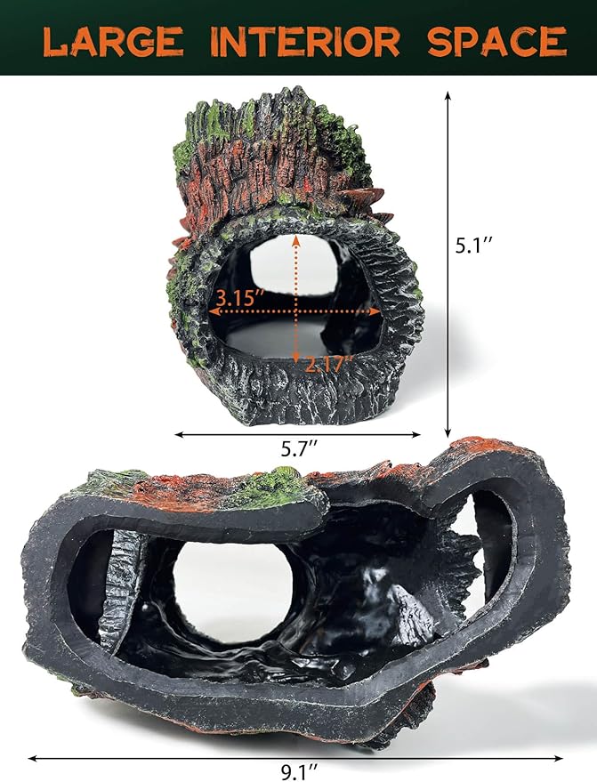 Aquarium Decor - Large Hollow Bark Hiding Cave,Resin Reptile Hideout for Bearded Dragons,Fish Tank Hideout with Realistic Scales Texture, Lizard,Gecko,Turtle, Snake,Beta Fish,Plecos Aquatic Pet