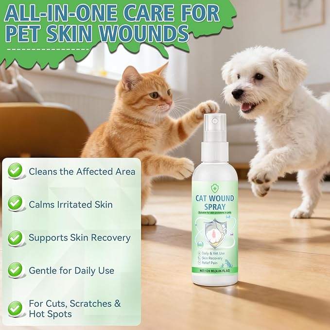 Cat Wound Spray, Wound Care for Cats, Pet Wound Care Formula for Scratching Irritation Bites Burns Redness, Supports Skin Comfort and Recovery for Kittens, Adult Cats, Pets, 120ml