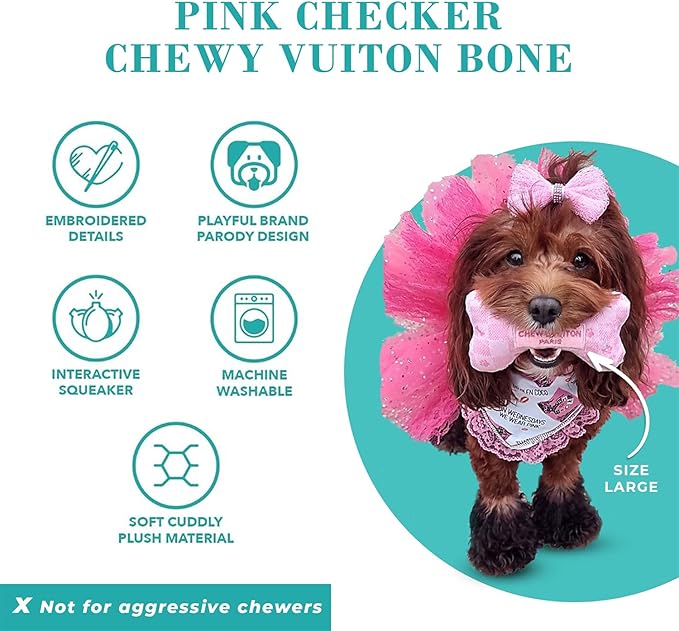 Haute Diggity Dog Chewy Vuiton Bone Plush Squeaky Dog Toy, Soft Durable Designer-Inspired Stuffed Puppy Chew Toys for Small & Medium Dogs, Machine-Washable (Pink Checker) Large