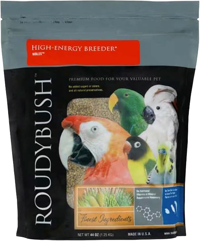 RoudyBush High Energy Breeder Food for Breeding & Weaning Birds - Scientifically Formulated Bird Feed - Bird Food Pellets w/Corn, Wheat, Soy - Nutritious & Healthy Feed for Birds (Small, 44oz)