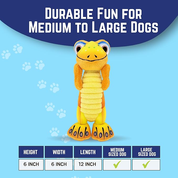 Happy Tails Interactive 12-Inch Yellow Lizard Squeaky Dog Toy for Medium to Large Dogs, Durable Polyester with Reinforced Stitching