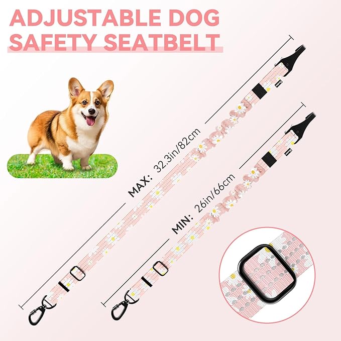 Pawaboo Dog Car Seat Belt– Reflective & Adjustable Dogs Cars Harness Leash with 360° Lockable Buckle, Shockproof Dogs Tether Bungee for Safe Travel, Light Pink Flowers
