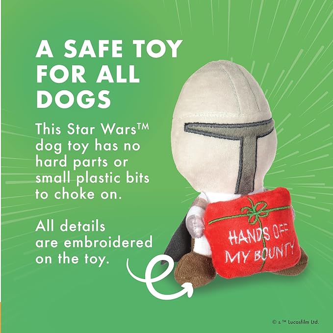 STAR WARS The Mandalorian Holiday Dog Toy | Hands Off My Bounty Mandalorian Squeaky Dog Toy Chew Toy | Plush Toy for Dogs | Small Dog Toy, 6 Inch, (FF19323)