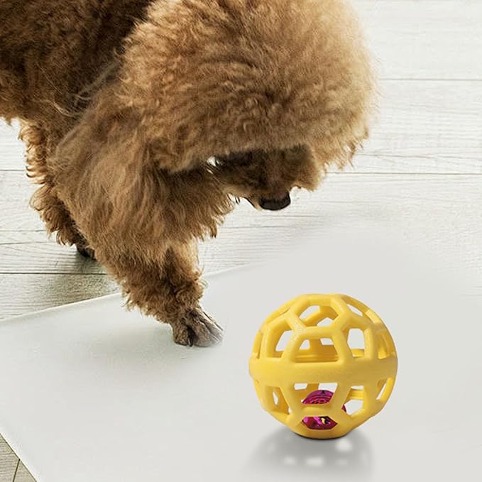 Dog Chew Toys with Bell Sound, 3 Rubber Bouncy Ball for Medium/Large Dogs, Interactive Fetch Ball Teeth Cleaning&Training, Hollow Design with Internal Bells (Yellow)