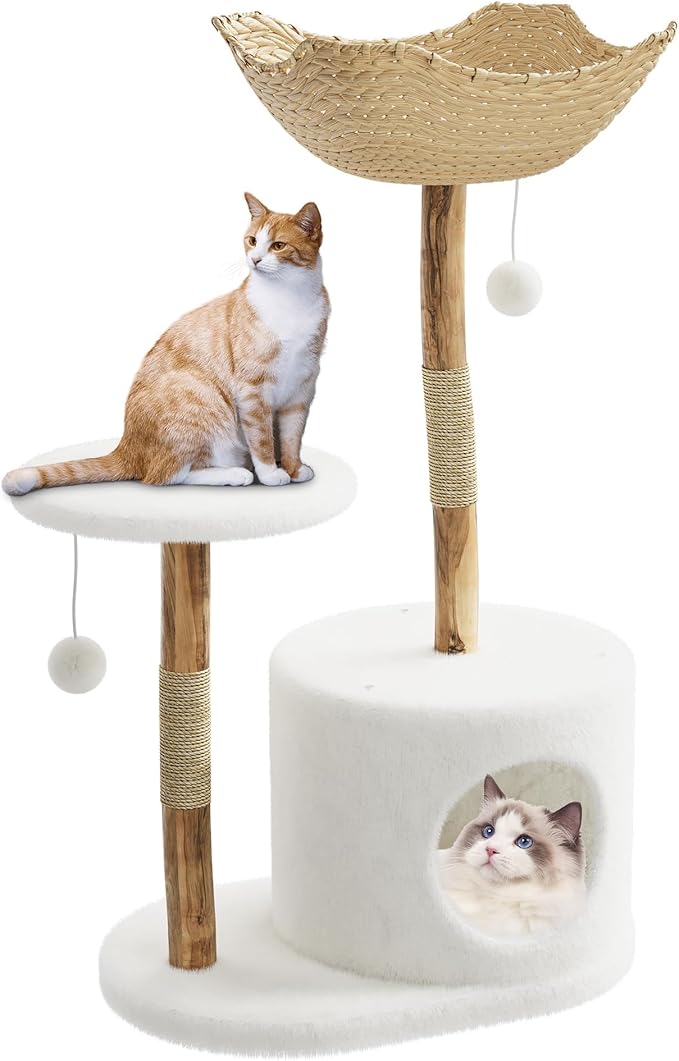 Garvee Wood Cat Tree Tower, Indoor Cat and Natural Wicker Apartment with Cat Catching Column and Bed, Aesthetic Tree Frame