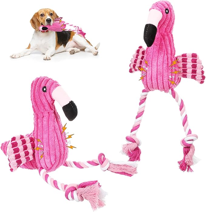 Sotiff 2 Pack Pink Flamingo Dog Plush Cute Squeaky Puppy Teething Plush Animal Interactive Stuffed Rope Pet Fake Birds for Small Medium Large Dogs Birthday Gifts