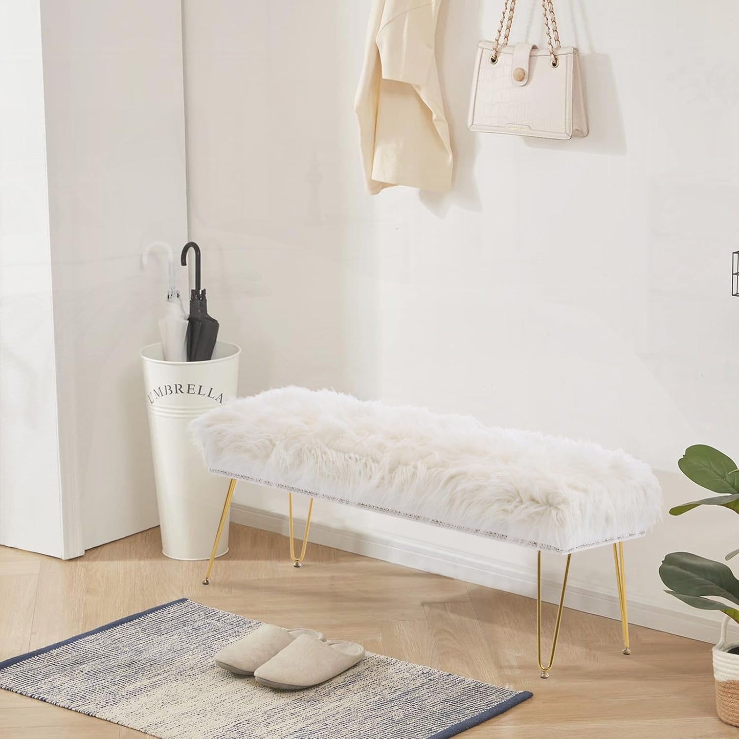 46 Inch White Bedroom Bench, Benches for Bedroom White Faux Fur Upholstered Bed end Bench, Tufting Ottoman Bench Indoor Bench with Metal Legs for Living Room Bedroom Entryway, White