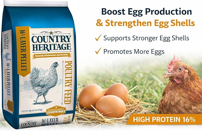 Country Heritage Hen Egg Layer Pellet 50lbs - 16% Protein Chicken Feed for Increased Egg Production & Strong Eggshells, High Protein