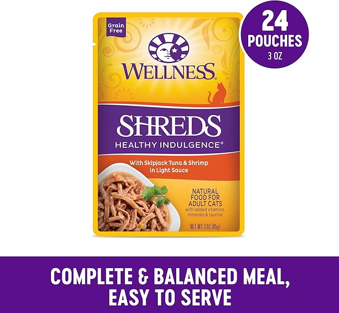 Wellness Healthy Indulgence Shreds Adult Wet Cat Food, Natural, Protein Rich, Grain Free, Tuna and Shrimp Recipe, 3 oz, Pack of 24 Pouches